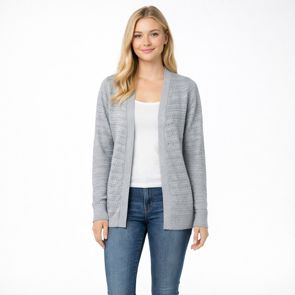 2/$30 NWT Milano Essential Pointelle Open Cardigan Light Heather Grey #A1599